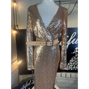 Sparkly Rose Gold Sequin Wrap Midi Dress Long Sleeve Belted Evening Party Size M